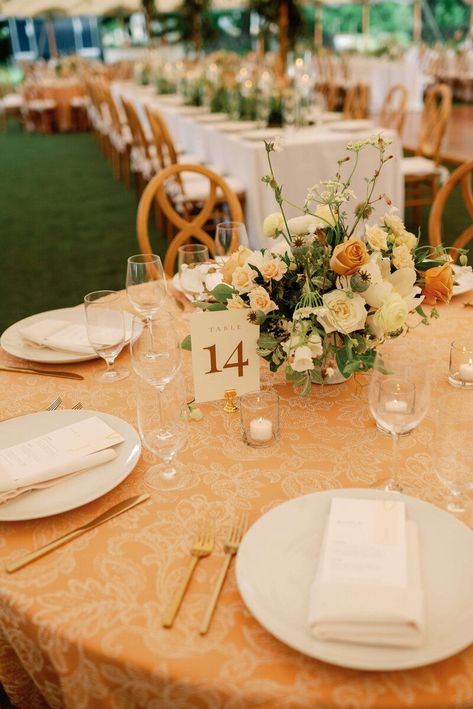 Yellow Tablecloth Wedding, Orange And White Table Setting, Burnt Orange And Yellow Wedding, Pale Orange Wedding, Orange Wedding Themes, Yellow Tablecloth, White Table Settings, Wedding Stone, Sandals Wedding