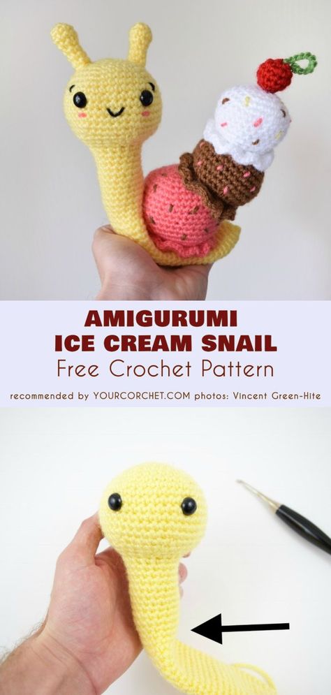 Amigurumi Ice Cream Snail Free Crochet Pattern #freecrochetpatterns #crochettoy #amigurumi #amigurumipattern Amigurumi Ice Cream, Crochet Snail, Baby Knitting Patterns Free, Beginner Crochet Projects, Amigurumi Free, Crochet Toys Patterns, Easy Crochet Patterns, Crochet Gifts, Crochet For Beginners