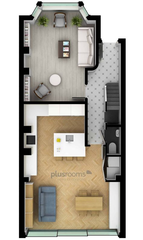 Freshford St - Plusroom 1930s House Extension Floorplan, Terraced House Interior, 1930s House Extension, Terrace House Interior, 1930s House Interior, Small House Extensions, 1930s House Renovation, Kitchen Diner Extension, Extension Plans