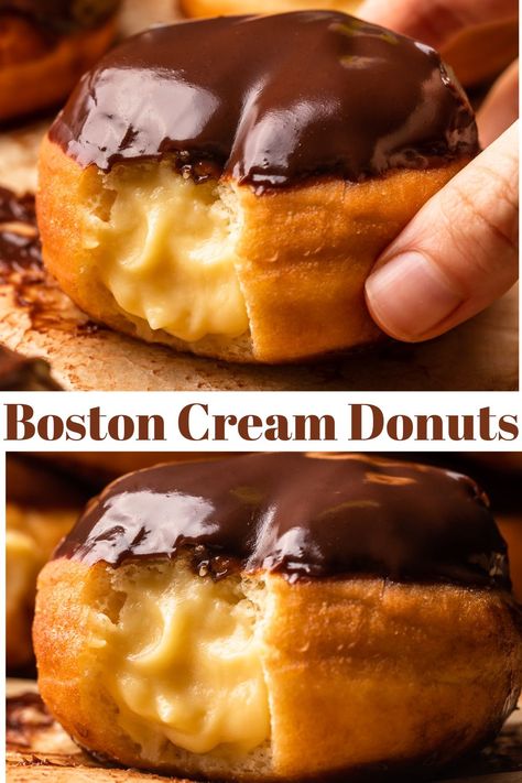 This homemade donut recipe is so fluffy and stuffed with boston cream filling! A must try doughnut recipe. Cream Donut Recipe, Boston Cream Donut, Cream Filled Donuts, Biscuit Donuts, Donut Filling, Homemade Donuts Recipe, Boston Cream Pie, Filled Donuts, Boston Cream