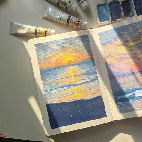 Sunset Gouache Painting, Beach Gouache, Gouache Sunset, Beach Sunset Painting, Painting Sunrise, Poster Color Painting, Beach Drawing, Sunrise Colors, Sunrise Painting