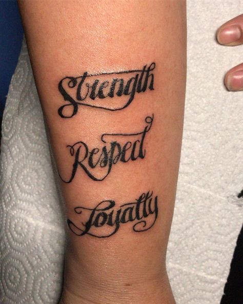 STRENGTH RESPECT LOYALTY #tattooed #tattoo #tattoos #inked #ink #tattooartist #tattooart #art #tattoolife #tattooist #tattooing #tattooer… Strength Loyalty Respect Tattoo, Respect Tattoo Design, Loyalty Out Values Everything Tattoo, Respect Tattoo, Justice Tattoo, Loyalty Tattoo, Tattoo Quotes For Men, Tattoos Inspo, Literary Tattoos