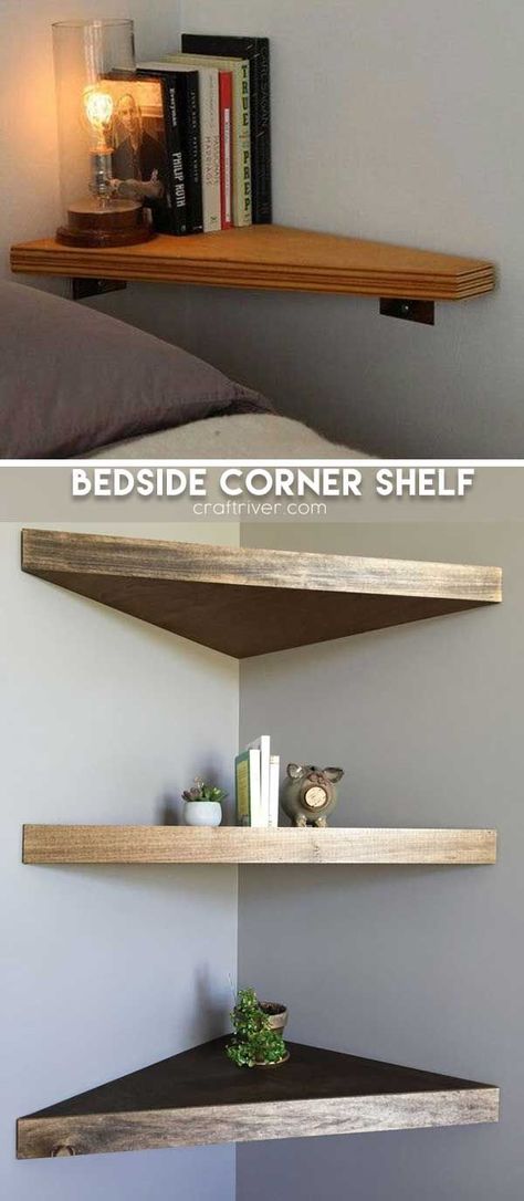 Bedside Corner Shelf diy storage shelves interior design home decor diy decor organization bedroom ideas apartment decoration home diy decoration small apartment ideas corner shelf Small Corner Shelf, Diy Small Apartment, Shelf For Bedroom, Apartment Decorating Living, Bedside Shelf, Apartment Decorating On A Budget, Apartment Decoration, Small Bedrooms, Apartment Diy