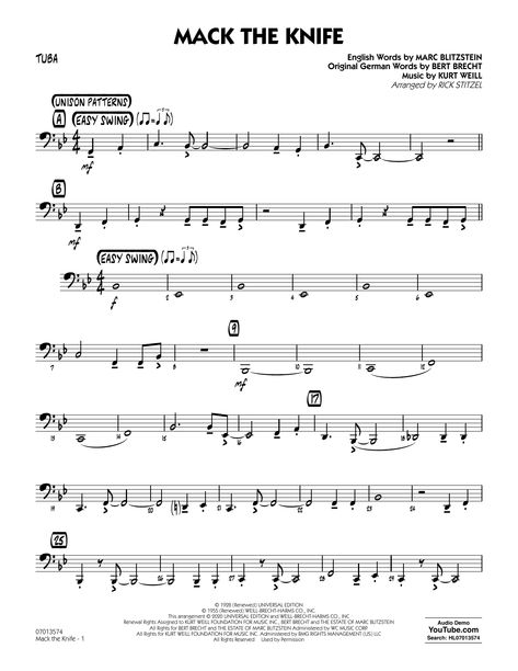 Bobby Darin Mack The Knife (arr. Rick Stitzel) - Tuba $5.99 Mack The Knife, Clarinet Music, Willow And Sage, Jazz Sheet Music, Chords Guitar, Bobby Darin, Piano Music Notes, Piano Chords, Sheet Music Notes