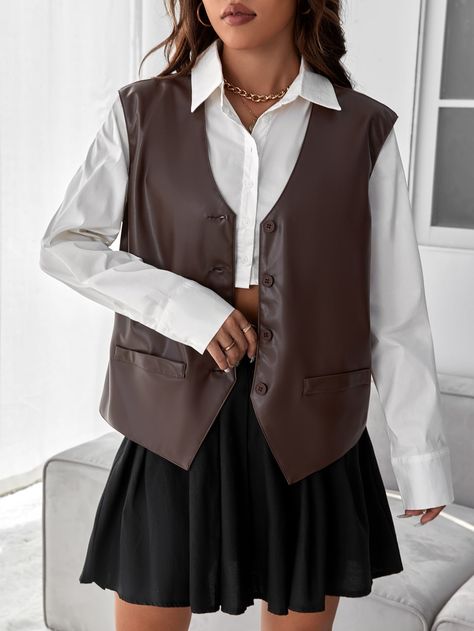 Chocolate Brown Casual Collar Sleeveless PU Leather Plain Vest Embellished Slight Stretch  Women Suits Brown Leather Vest Outfit Women, Brown Leather Vest Outfit, Leather Vest Outfit, Vest Outfit Women, Brown Leather Vest, Vest Outfits For Women, Plain Vest, College Outfits Winter, Women Suits