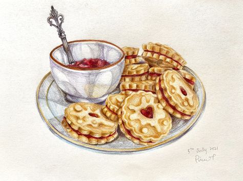 Jammie Dodgers, Food Reference, Plate Drawing, Food Art Painting, Food Icon, Watercolor Cake, Watercolor Food, Tea Cookies, Colour Pencil