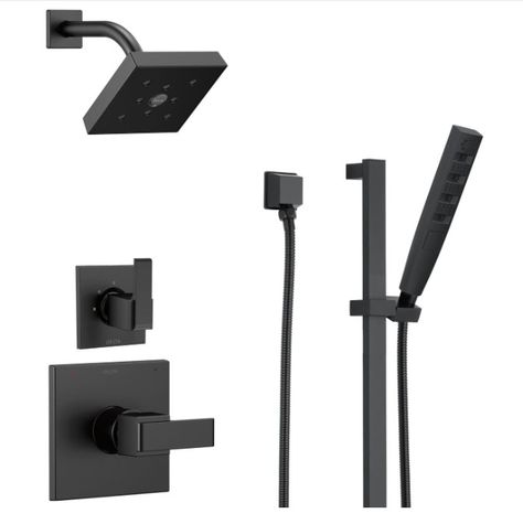 Delta Faucet Ara 3-Setting Matte Black Shower System Including Black Shower Head, Slide Bar Handheld Shower, Shower Handle, Shower Diverter and Shower Valve Kit, Delta Shower Trim Kit, Matte Black Delta Shower System With Handheld, Delta Shower Fixtures, Black Shower System, Black Bathroom Fixtures, Shower Diverter, Bath Collection, Tub Cleaner, Slide Bar, Modern Mountain