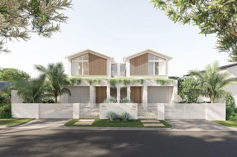 cross nestled amongst the quiet streets of Miranda with views across yowie bay, this dual occupancy facade provides a coastal oasis of… | Instagram White Duplex Exterior, Dual Occupancy Facade Design, Duplex Facade, Australia Beach House, Duplex Exterior, Coastal Facade, Modern Beach Home, Timber Joinery, Dual Occupancy