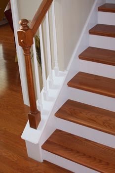 painted risers and spindles, varnished newel, treads and handrail. stairs hallway White Stair Risers, Painted Stair Risers, Deck Stair Lights, White Stairs, Hardwood Stairs, Flooring For Stairs, Diy Staircase, Oak Stairs, Wood Staircase