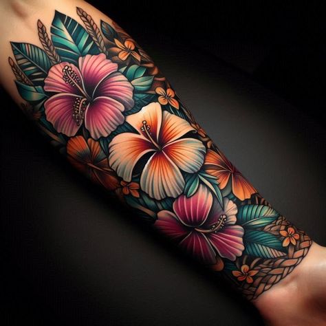 15 Hawaiian Flower Tattoos to Represent the Beauty of Nature 10 Tropical Flower Tattoos Color, Women Hawaiian Tattoo, Island Life Tattoo, Tropical Foliage Tattoo, Hawaiian Flower Tattoos For Women, Puerto Rico Flower Tattoo, Hibiscus Tattoo Color, Tropical Flowers Tattoo, Flower Tattoos Color