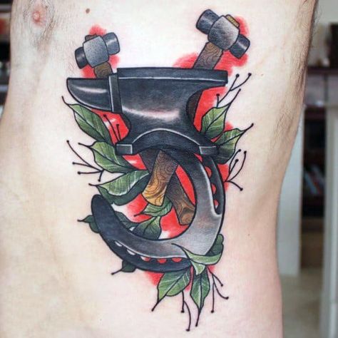 60 Anvil Tattoo Designs For Men - Iron Block Ink Ideas Blacksmith Tattoo Ideas, Hooligans Tattoo, Welding Tattoo, Traditional Black Tattoo, Country Tattoos, Sailor Jerry Tattoos, 13 Tattoos, Symbol Of Strength, Hammer Head