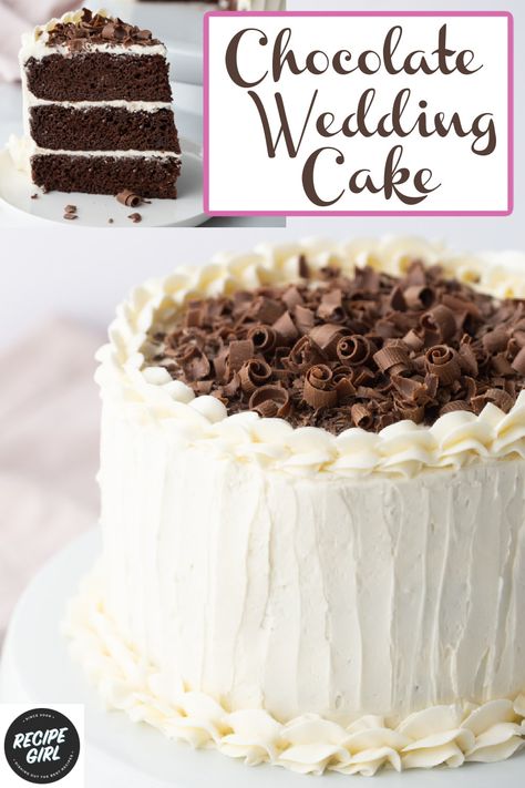 Chocolate Wedding Cake recipe from RecipeGirl.com #chocolate #wedding #cake #recipe #RecipeGirl Best Chocolate Wedding Cake Recipe, Best Wedding Cake Recipe, Chocolate Wedding Cake Recipe, Wedding Cake Recipes, Mccormick Chili, White Buttercream Frosting, Perfect Wedding Cake, Giraffe Cakes, Wedding Cake Design