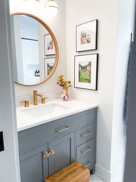 Small Boys Bathroom Ideas, Boy Bathroom Ideas Kid, Children’s Bathroom, Boy And Girl Bathroom Ideas, Hgtv Bathroom Ideas, Colored Bathroom Vanity, Boys Bathroom Ideas, Mindfully Gray, Kids Bathroom Vanity