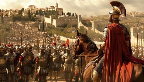 Midjourney AI Image: Visualize an ancient Roman military scene: 80,000 Roman soldiers led by General Titus are positioned... → more in ai-img-gen.com Roman General, Fortified City, Aesthetic Greek, Roman Soldier, The Roman Empire, Red Cape, Roman Soldiers, Walled City, Brown Horse