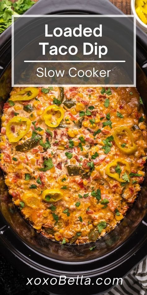 Taco dip Slow Cooker Bean Dip Recipes, Mexican Appetizers Crockpot, Taco Dip For Party, Loaded Taco Dip, Mexican Potluck Ideas Slow Cooker, Mexican Dips And Appetizers Slow Cooker, Crockpot Party Ideas, Taco Dip In Crockpot, Party Food Crockpot Easy