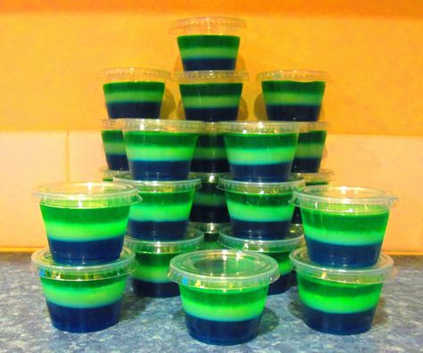 Seahawks jello shots Seahawks Party, Games For Parties, Drinking Games For Parties, Bowl Party Food, Football Snacks, Superbowl Snacks, Super Bowl Sunday, Jello Shots, Football Food