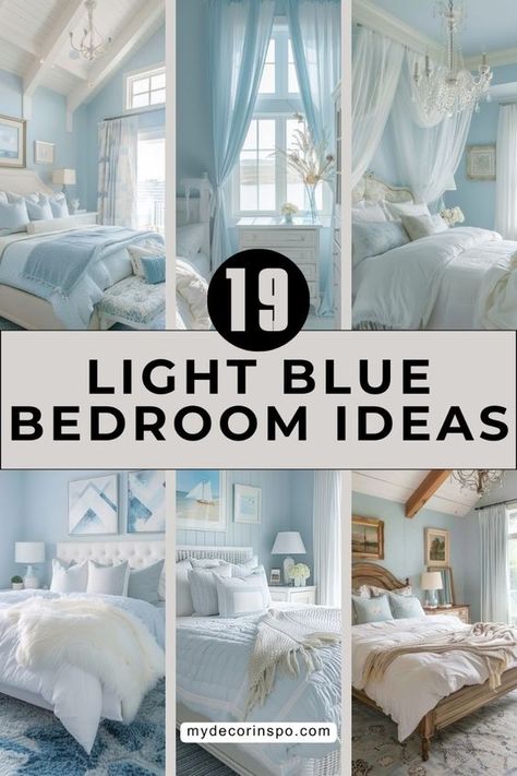 Looking for bedroom inspiration? Check out these 19 light blue bedrooms. Perfect for creating a peaceful and inviting atmosphere, these designs blend beauty and comfort effortlessly. Sky Blue Bedding Ideas, Light Blue Wall Bedroom Decor, Light Blue Bedrooms Ideas, Light Blue Cottage Bedroom, Light Blue Girls Room, Light Blue Room Ideas, Light Blue Walls Bedroom, Light Blue Bedrooms, Blue Bedrooms Ideas