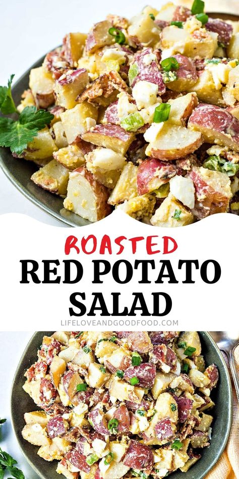 This red potato salad combines roasted spuds with crispy bacon, green onions, and hard-boiled eggs for a creamy and delicious side in just 30 minutes! My favorite go-to recipe for a quick and delicious picnic side without sacrificing flavor. Recipes Using Small Red Potatoes, Roasted Red Potato Salad, Red White And Blue Potato Salad, Red Potatoe Salad, Roasted Red Potato Salad Recipe, Red Skin Potato Salad With Bacon, Easy Potato Salad Red Potatoes, Red Potato Salad With Bacon, Roasted Red Potato Salad With Bacon