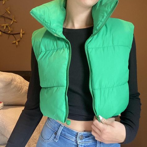 I might be biased but you should probably buy this on Depop 👍 https://depop.app.link/mZxBY0KIywb Green Vest Outfit, Cropped Puffer Vest, Perfect Fall Outfit, Winter Puffer Jackets, Womens Puffer Vest, Stylish Wardrobe, Music Festival Outfit, Puffy Coat, Puffy Vest