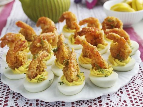 Deviled Eggs With Shrimp, Coconut Nests, Fried Shrimp Recipe, Shrimp Deviled Eggs, Brunch Bites, Kardea Brown, Brown Recipe, Ham Salad, Lettuce Cups