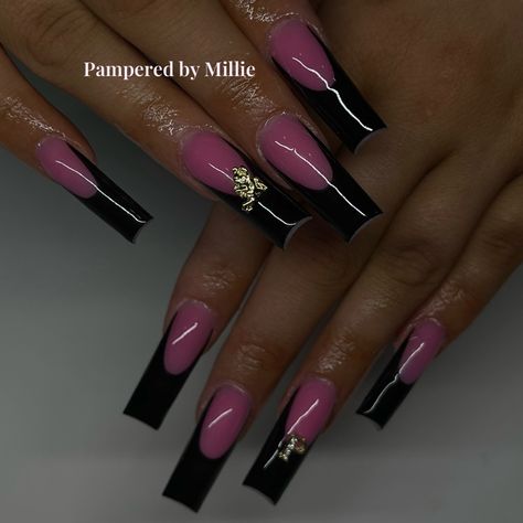 Pink Based French Nails, Pink With Black French Tip Nails, Pink Acrylic Black French Tip, Pink And Black French Tip Nails Short, Clear Pink And Black Acrylic Nails, Pink Acrylic With Black French Tip, Black Nails With Pink French Tip, Pink And Black Nails Acrylic French Tips, Pink Acrylic Base Nails