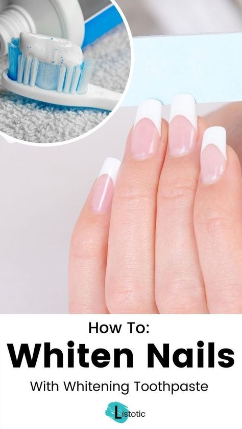 Learn how to easily whiten your nails with teeth whitening toothpaste! If you've got stubborn stains on your nails, then this simple life hack is your best bet at kissing those unsightly stains goodbye. Click on the pin for the full instructions and more nail whitening methods over on Listotic! #manicure #pedicure Whitening Nails, How To Whiten Nails, White Spots On Nails, Stained Nails, Nail Whitening, Nail Polish Stain, Teeth Whitening Toothpaste, Eyelashes Mascara, Nail Growth