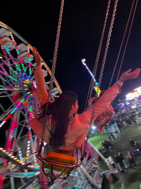 neon lights, carnival swing Poses For Amusement Park, Fair Pics Ideas, Pictures To Take At The Fair, Amusement Park Pose Ideas, Aesthetic Carnival Pictures, Six Flags Pictures Ideas, State Fair Picture Ideas, Fairground Outfit Ideas, Carnival Instagram Pictures