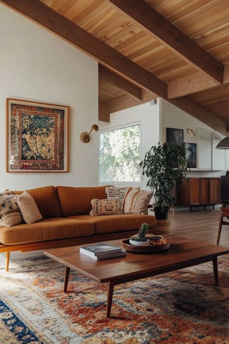 Mid Century Indian Living Room, Midcentury Ranch Living Room, Boho Great Room, Natural Modern Farmhouse Living Room, 70s Southwestern Interior, Living Room Designs 70s, Farmhouse Colorful Living Room, Mid Century Modern Living Room Cream Couch, Modern Contemporary Aesthetic