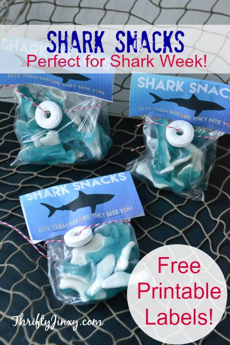 These DIY Shark Snacks with Free Printable Labels are perfect for celebrating Shark Week! Shark Snacks, Shark Printables, Shark Week Party, Shark Themed Birthday Party, Shark Birthday Party, Ocean Party, Shark Themed, Shark Party, Shark Birthday