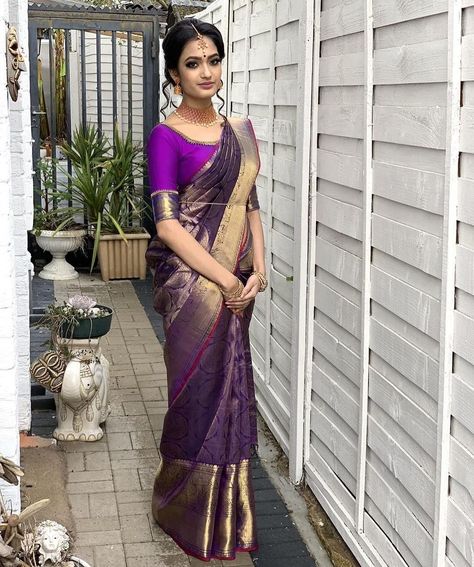 Absolutely stunning- @renuka_mua ‘s one to one  class with @shadows_hairandmakeup #londonmua #londonmakeupartist #sareedraping #sareeblousedesign #saree #designersaree #rahjamdesignersilks #purplesaree Purple Bridal Blouse, Purple Kanchipuram Saree, Purple Sarees, Pattu Sarees Wedding, Kerala Engagement Dress, Kanchi Saree, Christian Bridal Saree, Reception Saree, Bridesmaid Photoshoot