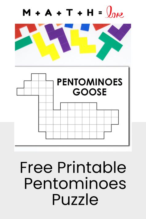 Check out this free printable pentomino puzzle that is shaped like a goose. Check out mathequalslove.net for more free pentominoes puzzles including many different animal-shaped puzzles. These puzzles help build spatial reasoning and logical thinking skills. Shaped Puzzles, Secondary Math Classroom, Spring Math Activities, Games For The Classroom, Butterfly Puzzle, High School Math Classroom, Early Finisher Activities, Free Printable Puzzles, Spatial Reasoning