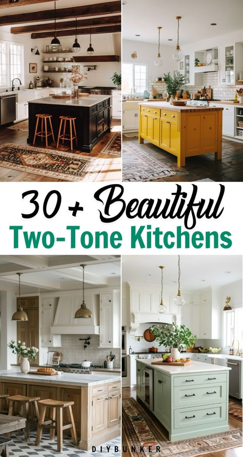 Discover inspiring two tone kitchen cabinet ideas to elevate your home decor. From classic combinations to bold contrasts, explore the latest trends and find your perfect kitchen style today! #kitchendesign #homedecor #twotonecabinets Cool Kitchen Color Schemes, Two Tone Cabinets Color Combos Small Kitchen, Mixed Kitchen Cabinets Colors, Painted Cabinets Kitchen Two Toned, Kitchen Cabinet And Backsplash Ideas, Kitchen With Mixed Cabinets, Kitchen Cupboard Makeover Ideas, Different Upper And Lower Cabinets, Kitchen Cabinets 2 Colors Two Tones