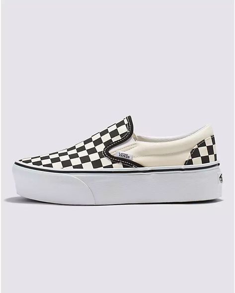 Classic Slip-On Stackform Shoe | Vans (US) Checkered Vans Platform, Vans Platform Sneakers Outfit, Platforms Aesthetic, Vans Platform, Pink Checkerboard, Platform Vans, Pretty Sneakers, Plaid Shoes, Vans Toddler