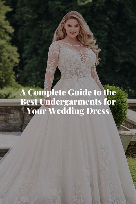 An image of a plus size bride wearing a long sleeve ball gown wedding dress under text that says, “A Complete Guide to the Best Undergarments for Your Wedding Dress.” This image links out to a blog post on martinthornburg.com which discusses the best shapewear, underwear and bras for brides based on the type of wedding dress they’re wearing. Shapewear For Wedding Dress, Lacy Wedding Dresses, Wedding Dress Shapes, Martin Thornburg Wedding Dresses, Latest Wedding Gowns, Bridal Shapewear, Martin Thornburg, Illusion Wedding Dress, Wedding Dress Types