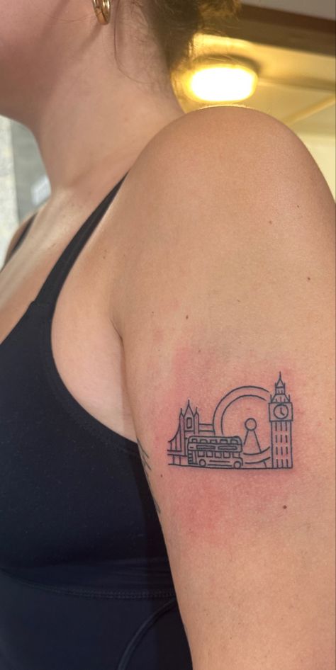 London Fine Line Tattoo, London Marathon Tattoo, Tower Bridge Tattoo, Bus Tattoo Small, Double Decker Bus Tattoo, London Stamp Tattoo, London Bus Tattoo, Uk Tattoo Ideas, London Bridge Tattoo