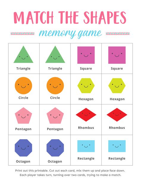 Kids learn and have tons of fun with this match the shapes memory game. Perfect for kindergartners and little ones, these memory games are not only fun but also help develop their concentration and thinking skills. Shape Memory Game, Shapes Matching Game Free Printables, Kindergarten Mathematics, Concentration Activities, Match The Shapes, Shape Matching Game, Shapes For Toddlers, Emotions Preschool, Printable Games For Kids