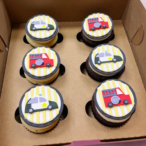 Emergency vehicle cupcakes by Frostings Bake Shop Vehicle Cupcakes, Cars Cupcakes, Kids Cakes, Bake Shop, Emergency Vehicles, Kids Cake, Themed Cakes, 3rd Birthday, Christening