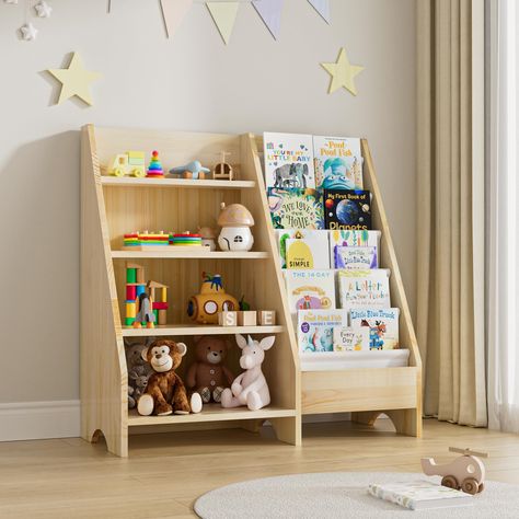 PRICES MAY VARY. SOLID PINE WOOD MATERIAL - Our solid wooden bookshelf for kids are totally made of solid pine wood, which creates a warm and natural atmosphere for your child's room. Each storage bookshelf for kids is slightly different in color or pattern, making it look more unique 2 IN 1 DESIGN - Say goodbye to cluttered kids’ rooms. Our wooden storage shelf is large enough to hold children's favorite books, fluffy animals, balls, art supplies, and more, keeping the nursery room organized. T Baby Library Ideas, Children Book Storage, Kids Book Shelf Ideas, Kids Bookcase Ideas, Ikea Kids Bookshelf, Kid Book Shelf, Kids Library Design, Toddler Room Storage, Nursery Bookshelf Ideas