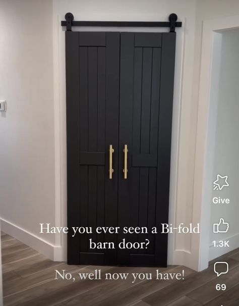 Pantry Bifold Door, Black Closet Doors, Black Pantry Door, 1930s Doors, Copper Beach, Laundy Room, Pantry Laundry Room, Bifold Door, House Makeovers