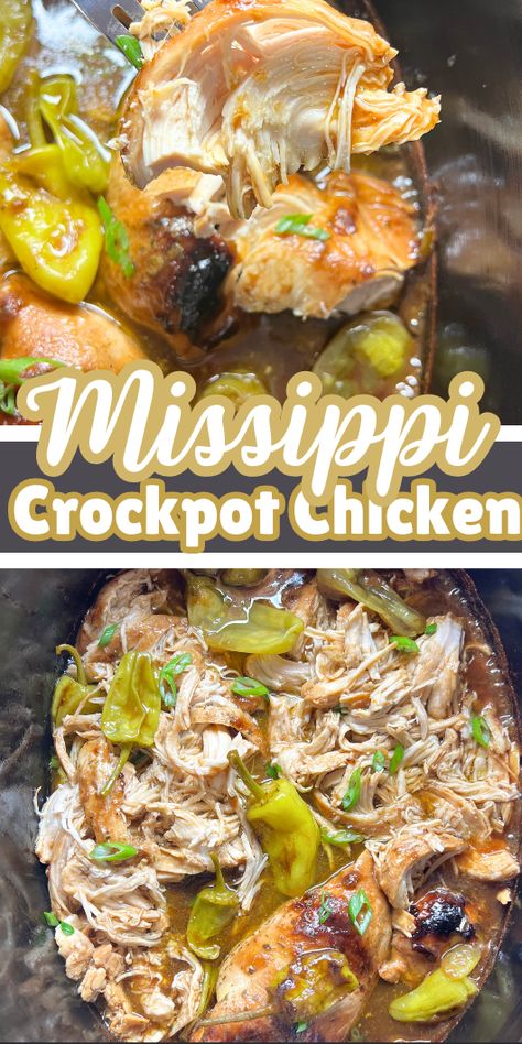 Mississippi Crockpot Chicken is a simple crock pot recipes with just five simple ingredients, and makes flavorful, tender chicken that can be served in wraps, on salads, on sandwiches or in sliders!  These juicy chicken breasts shred perfectly into a zesty sauce, making a delicious, hearty summer crockpot meal. Here is a mouthwatering slow cooker chicken dish. This is bound to delight the whole family. Flavorful Crockpot Chicken, Mississippi Pot Roast With Chicken, 7up Chicken Crockpot, Crockpot Mississippi Chicken Recipes, Best Shredded Chicken Crockpot, Ms Chicken Crockpot, Chicken Mississippi Pot Roast, Crockpot Chicken Marinades, Crockpot Sandwiches Recipes