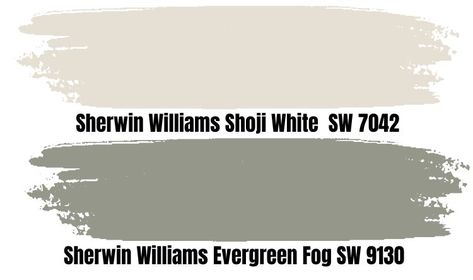 Sherwin Williams Shoji White is a warm cozy off-white with interesting undertones. It has beige, gray, and green undertones that allow it to pair well it several other paint colors, regardless of whether or not they read warm. Shoji White And Evergreen Fog, Shoji White Evergreen Fog, Evergreen Fog And Shoji White, Shoji White And Green, Evergreen Fog Sherwin Williams Kitchen, Shoji White Bathroom, Evergreen Fog Coordinating Colors, Shoji White Coordinating Colors, Evergreen Fog Palette