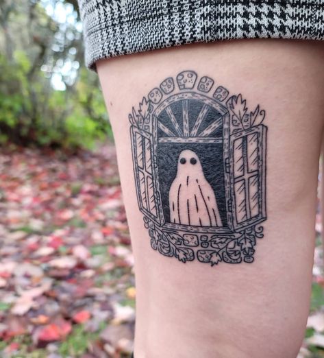 Ghost Tattoos Flower, Ghost Polaroid Tattoo, Ghost Stamp Tattoo, Ghost In Window Tattoo, Ghost In Frame Tattoo, Hatbox Ghost Tattoo, Glass House Tattoo, Ghost Mirror Tattoo, Vintage Ghost Tattoo