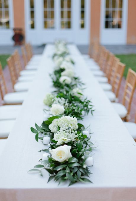 Classic wedding centerpiece of white Juliet garden roses and hydrangeas with deep greenery Flower Runner Wedding, Classic Wedding Centerpieces, Wedding Table Garland, Unique Wedding Centerpieces, White Floral Centerpieces, Flower Runner, Table Garland, Green Wedding Colors, Floral Runner