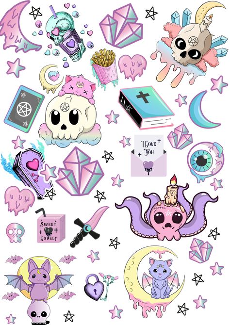 These stickers bring together the best of both worlds - the sweetness of pastel colors and the edginess of gothic elements. High qulity and quirky, they're the perfect way to enhance your laptop, water bottle, or planner. With the ability to print at home or at your local print shop, these stickers give you the freedom to personalize your things at your leisure. Get your set today and unleash the power of kawaii pastel goth! 👻 Cute Gothic Drawings, Pretty Goth Aesthetic, Gothic Pastel, Cute Goth Art, Pastel Gothic Aesthetic, Creepy Kawaii Aesthetic, Pastel Witch Aesthetic, Pastel Goth Tattoo, Pastel Goth Drawing