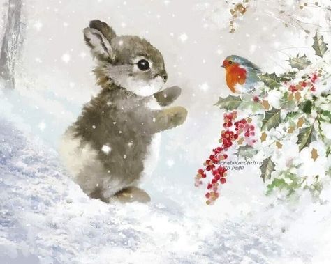 Snow Bunny Painting, Christmas Animals Drawing, Animal Paintings Acrylic, Christmas Landscape, Storybook Art, Christmas Artwork, Christmas Card Art, Rabbit Art, Bunny Art