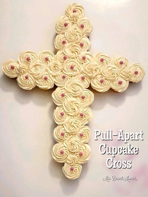 Pull Apart Cupcake Cake Cross Baptism Pull Apart Cross Cupcake Cake, Cross Pull Apart Cupcakes, Cross Cupcake Cake Baptisms, Confirmation Cupcakes, Cross Cupcake Cake, Confirmation Wishes, Cupcake Cross, Baptism Cupcakes, Christening Cupcakes