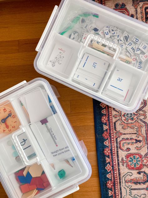 Homeschool Organization: Using Totes for Our Main Lessons - The Friendly Fig Logic Of English, Art Bin, Phonics Cards, Phonics Flashcards, Number Formation, Dollar Tree Organization, Storage Totes, Math Manipulatives, Dollar Tree Finds