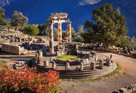 Temple Of Apollo Delphi, Red Beach Santorini, Delphi Greece, Temple Of Apollo, Crete Chania, Myrtos Beach, Athens Acropolis, Mykonos Town, Cyclades Islands