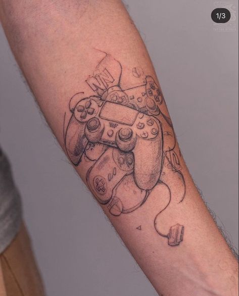 Video Game Controller Tattoo, Playstation Controller Tattoo, Gamer Tattoos Men, Game Controller Tattoo, Epic Tattoo Ideas, Video Game Tattoo Ideas, Controller Tattoo, Game Tattoo Ideas, Denver Tattoo