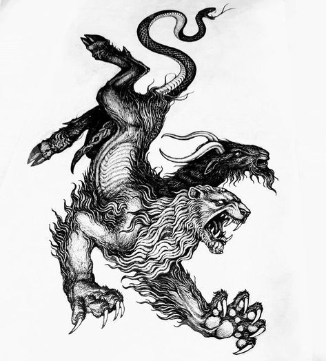 Evil Patchwork Tattoo, Chimera Tattoo Design, Manticore Tattoo, Chimera Drawing, Tattoo Poster Design, Chimera Tattoo, Chimera Art, Arm Tattoos Drawing, Medieval Tattoo